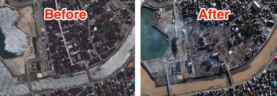 On the left is an aerial view of a Japanese city before a major earthquake.  At right, an aerial view of the same region after the earthquake, showing extensive destruction of houses and roads.