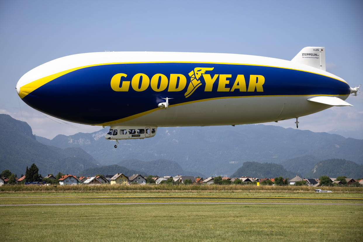 LESCE, SLOVENIA - 2021/07/21: The Goodyear Blimp flies over the countryside near Lesce, Slovenia.
The Goodyear Blimp visited Slovenia as part of a promotional tour, offering flights for prearranged groups. (Photo by Luka Dakskobler/SOPA Images/LightRocket via Getty Images)