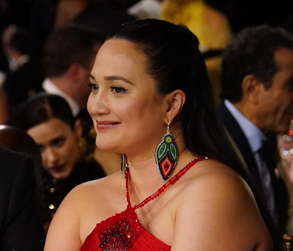 Lily Gladstone is seen in the audience during the Screen Actors Guild Awards on Saturday, Feb. 24, 2024 at The Shrine Auditorium and Expo Hall in Los Angeles. The "Killers of the Flower Moon" star is wearing beaded earrings created by Oklahoma artist Molly Murphy Adams, who is Oglala Lakota.