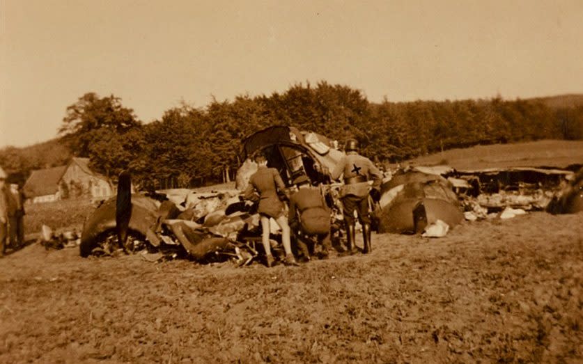 A post-crash photo of Frank's B-17, nicknamed Aw-R-Go