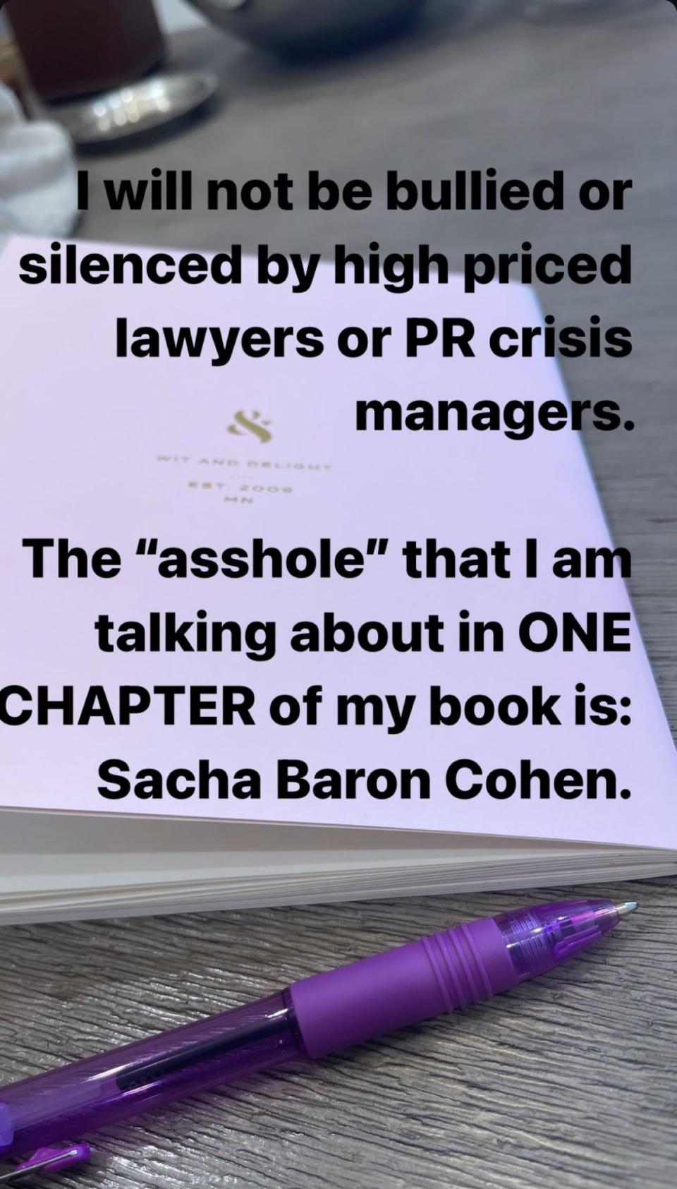 A screenshot of Rebel Wilson's Instagram story which names Sacha Baron Cohen.