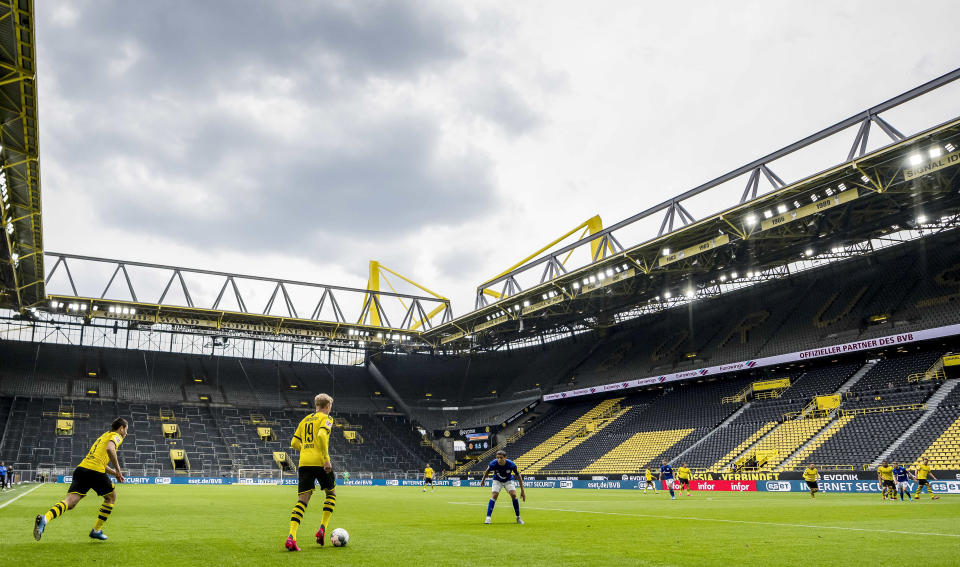 Borussia Dortmund danced past Schalke at an empty Signal Iduna Park, the start of what the Bundesliga hopes will be a successful finish to the season. (Photo by Alexandre Simoes/Borussia Dortmund via Getty Images)