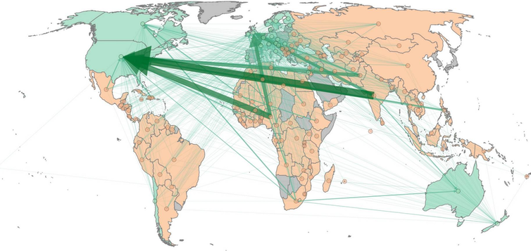 Map showing main routes of migration by doctors from poorer to richer countries.