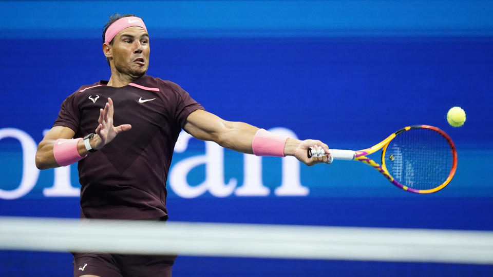 Rafael Nadal, of Spain, returns a shot to Fabio Fognini, of Italy, during the second round of the U.S. Open tennis championships, Thursday, Sept. 1, 2022, in New York. (AP Photo/Frank Franklin II)