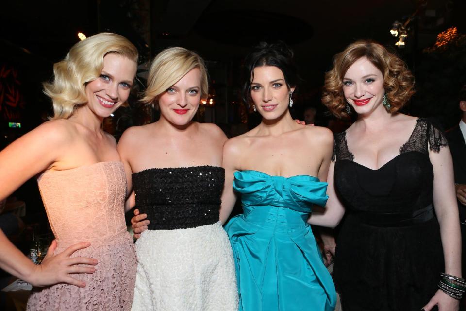 IMAGE DISTRIBUTED FOR AMC - From left, January Jones, Elisabeth Moss, Jessica Pare, and Christina Hendricks attend the AMC, IFC, Sundance Channel Emmy After Party, on Sunday, September 22, 2013 in West Hollywood, Calif. (Photo by Alexandra Wyman/Invision for AMC/AP Images)