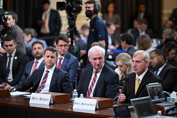 PHOTO: Richard Donoghue testifies flanked by Jeffrey A. Rosen and Steven Engel during the fifth hearing by the House Select Committee to Investigate the January 6th Attack on the Capitol, June 23, 2022.  (Mandel Ngan/AFP via Getty Images)