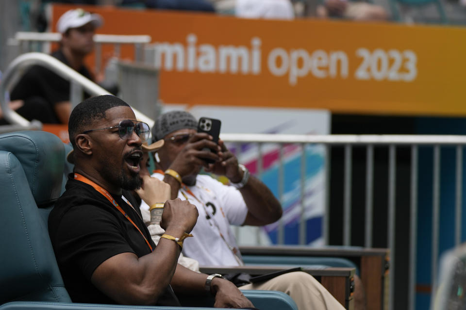 Actor Jamie Foxx supports Christopher Eubanks in his quarterfinal match against Daniil Medvedev at the Miami Open tennis tournament, Thursday, March 30, 2023, in Miami Gardens, Fla. (AP Photo/Rebecca Blackwell)