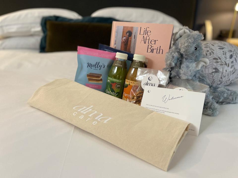 A selection of snacks and supplies that new moms get when arriving at Alma Care.