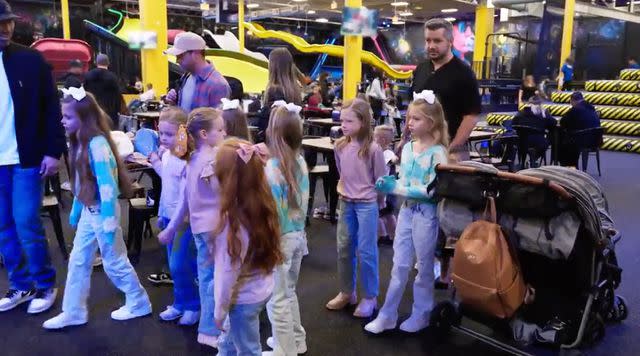 <p> TLC</p> Adam and Danielle Busby's quintuplet daughters Riley, Ava, Olivia, Parker and Hazel meet 9-year-old quadruplet girls in a multiples family meet-up on 'OutDaughtered'