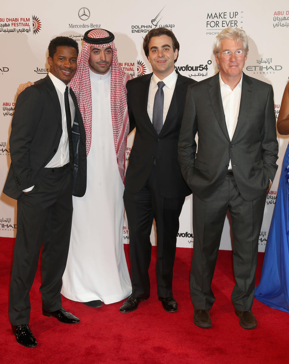 ABU DHABI, UNITED ARAB EMIRATES - OCTOBER 11: (L-R) Nate Parker, Mohammed Al Turki Nicholas Jarecki and Richard Gere on the stage at Abu Dhabi Film Festival 2012 at Emirates Palace on October 11, 2012 in Abu Dhabi, United Arab Emirates. (Photo by Chris Jackson/Getty Images for Jaeger-LeCoultre)