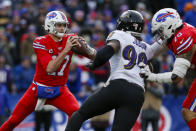 Buffalo Bills quarterback Josh Allen (17) looks to pass under pressure by Baltimore Ravens outside linebacker Matt Judon (99) during the second half of an NFL football game against the Baltimore Ravens in Orchard Park, N.Y., Sunday, Dec. 8, 2019. (AP Photo/John Munson)