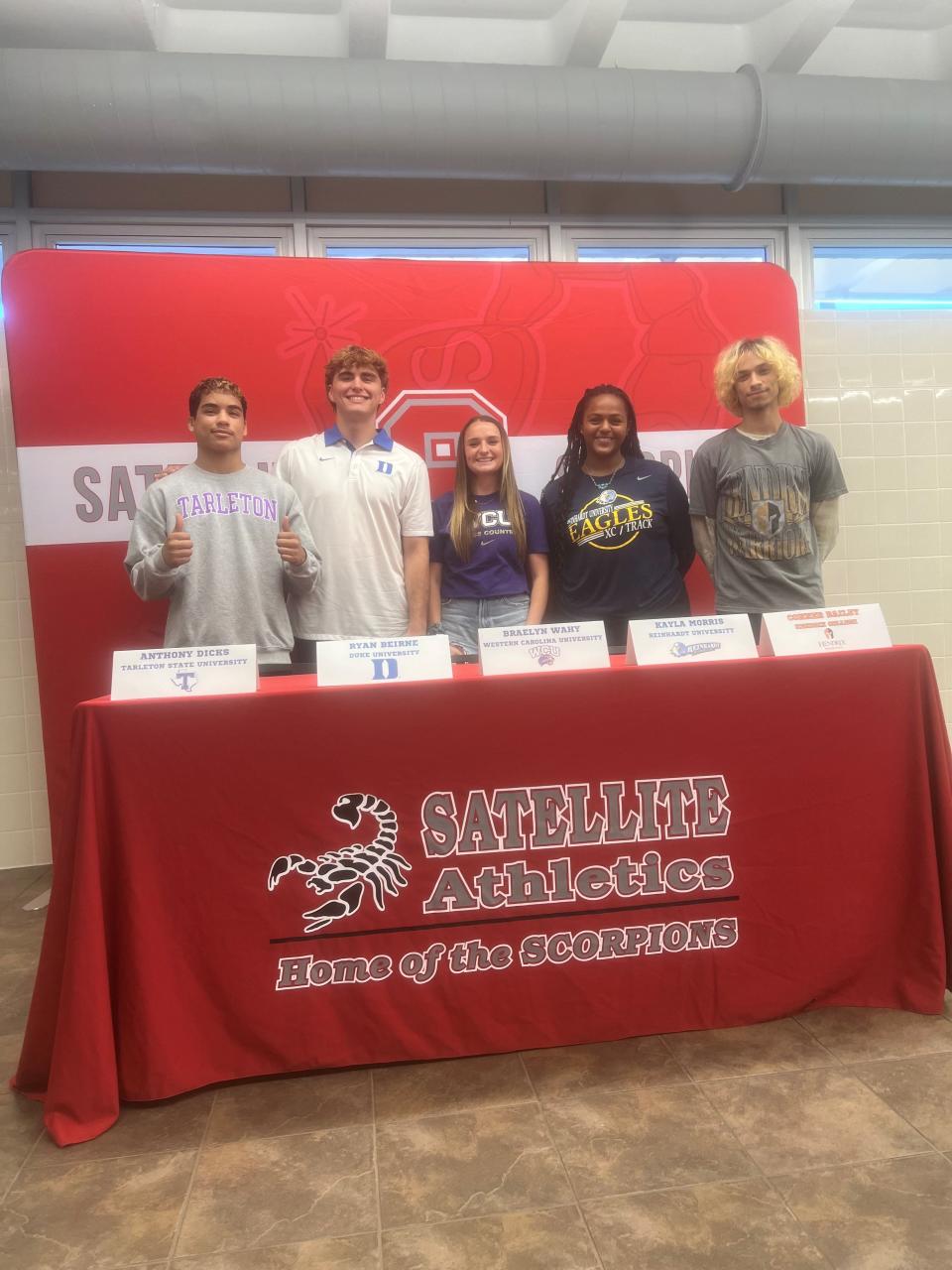 Spring signees at Satellite High (left to right): Anthony Dicks and Ryan Beirne, wrestling; Braelyn Wahy, track & field/cross country; Kayla Morris and Conner Bailey, track & field.