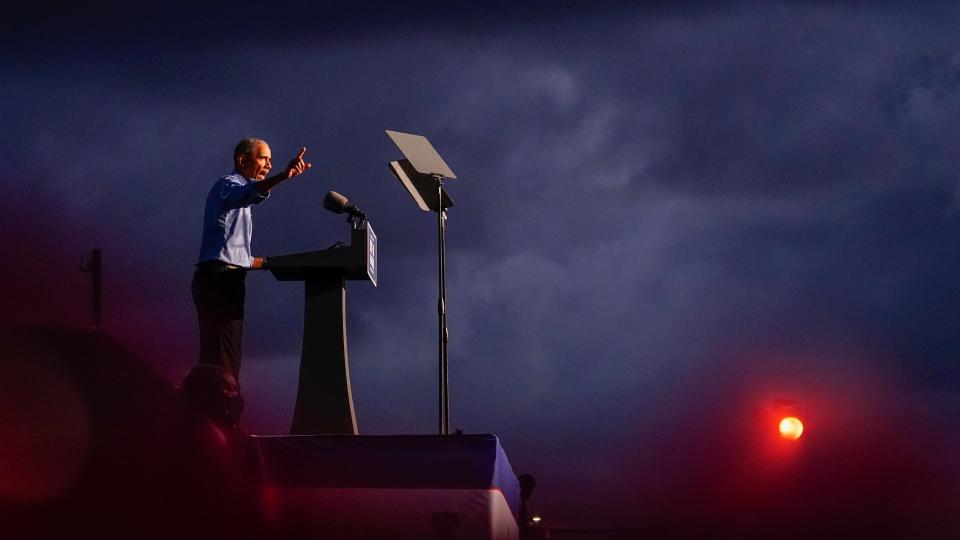 President Barack Obama speaks at Citizens Bank Park as he campaigns for Democratic presidential candidate former Vice President Joe Biden, Wednesday, Oct. 21, 2020, in Philadelphia. (AP Photo/ Matt Slocum)AP