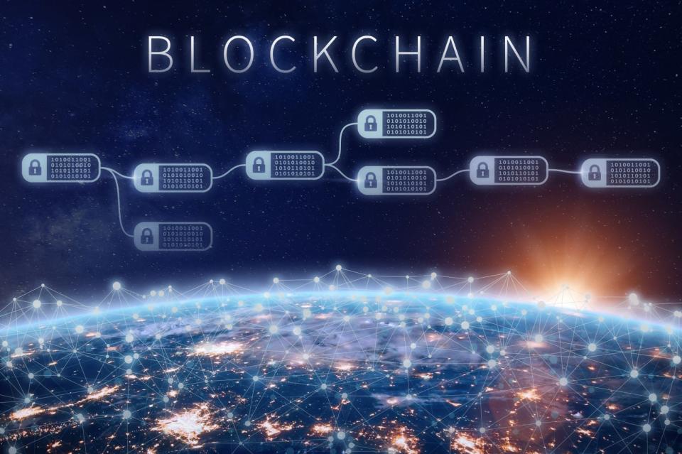 Blockchain financial technology concept, network encrypted chain of blocks, Earth