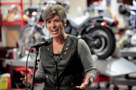 FILE PHOTO - Republican U.S. Senator Joni Ernst speaks to reporters at Big Barn Harley Davidson before the Joni Ernst’s 3rd Annual Roast and Ride in Des Moines, Iowa, U.S., June 3, 2017. REUTERS/Brian C. Frank