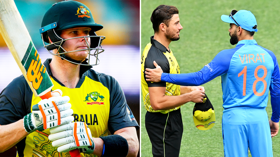 Virat Kohli (pictured left) talking to Marcus Stoinis and (pictured left) Steve Smith walking off after being dismissed in the T20.