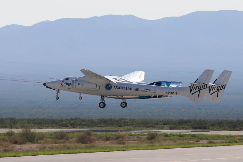 Virgin Galactic's passenger rocket plane VSS Unity takes off with carrier jet at Spaceport America