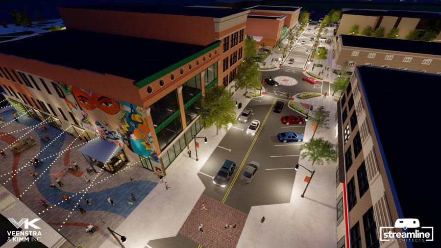 A rendering of a new downtown Rock Island roundabout, including the new Arts Alley at left.