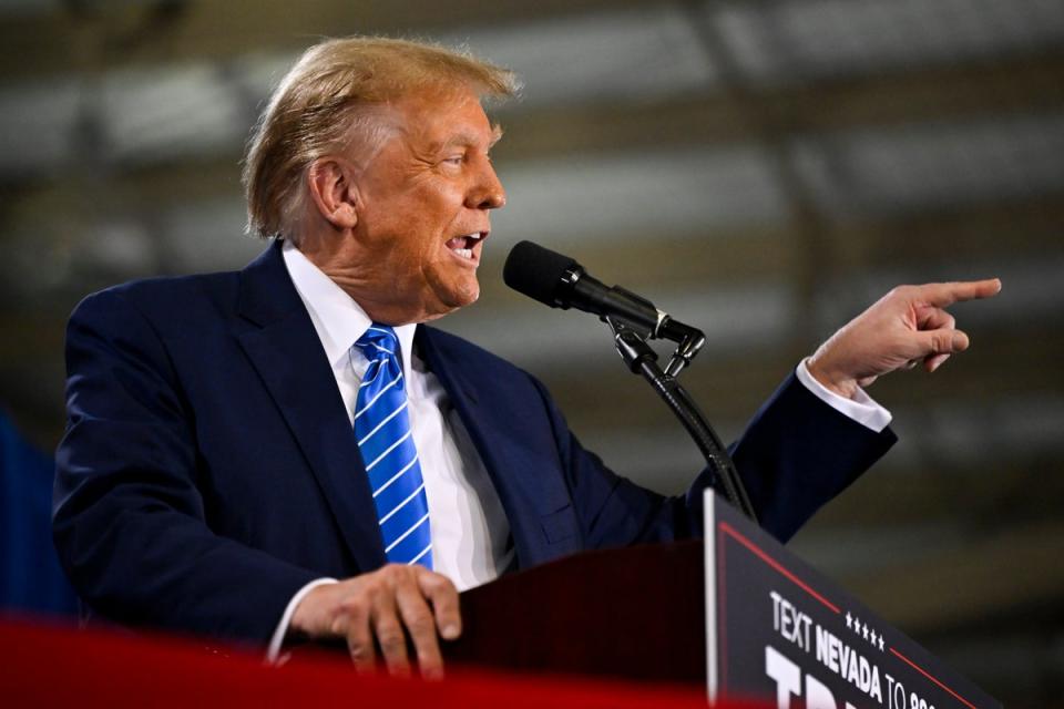 Donald Trump  speaks during a campaign event at Big League Dreams Las Vegas on 27 January 2024 in Las Vegas, Nevada (Getty Images)