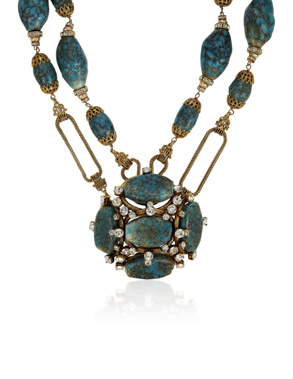 Chanel Faux Turquoise and Rhinestone Necklace and Pendant Brooch