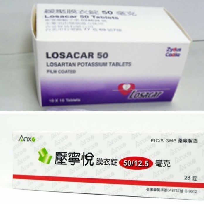 壓膜衣錠50毫克 (上)、壓寧悅膜衣錠50/12.5毫克 (下) 。   圖：食藥署/提供