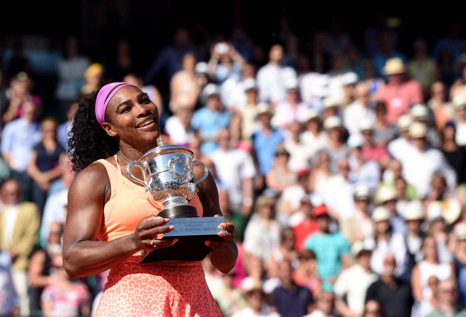 Serena Williams with the trophy after beating Lucie Safarova in the women's singles final on day fourteen of the French Open at Roland Garros on June 6th, 2015 in Paris, France. (Photo by Jon Buckle/EMPICS/Getty Images)