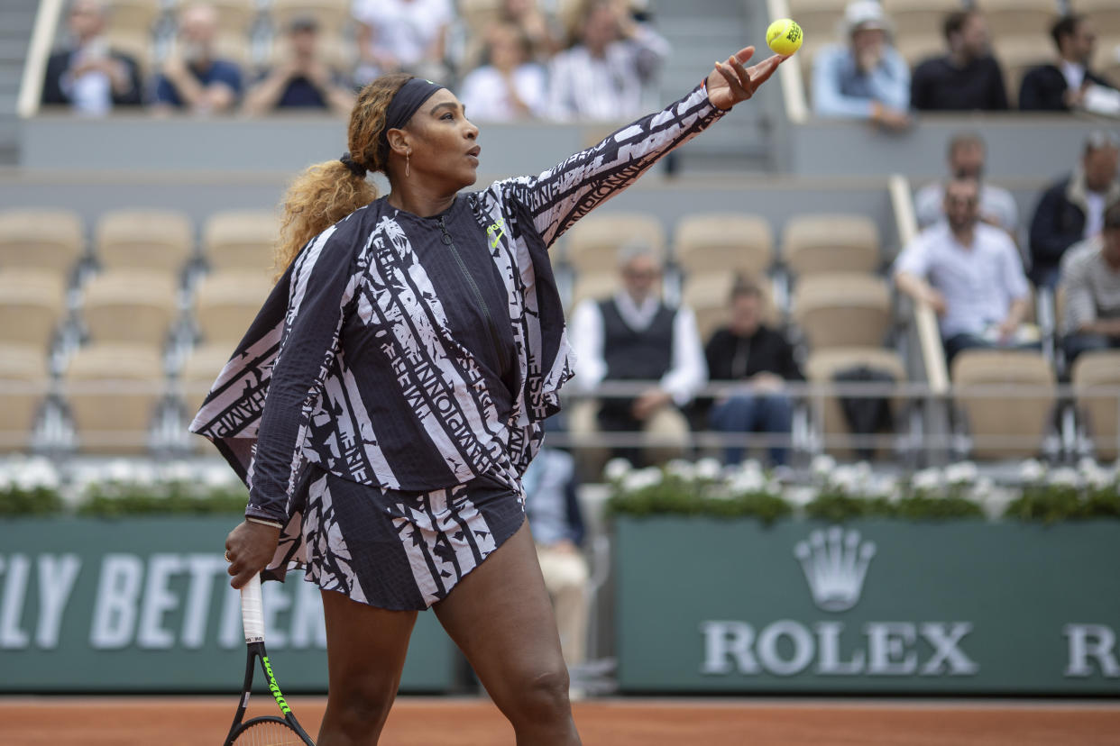 PARIS, FRANCE May 27.  Serena Williams of the United States warming up before her match against Vitalia Diatchenko of Russia on Court Philippe-Chatrier in the Women"u2019s Singles first round match at the 2019 French Open Tennis Tournament at Roland Garros on May 27th 2019 in Paris, France. (Photo by Tim Clayton/Corbis via Getty Images)