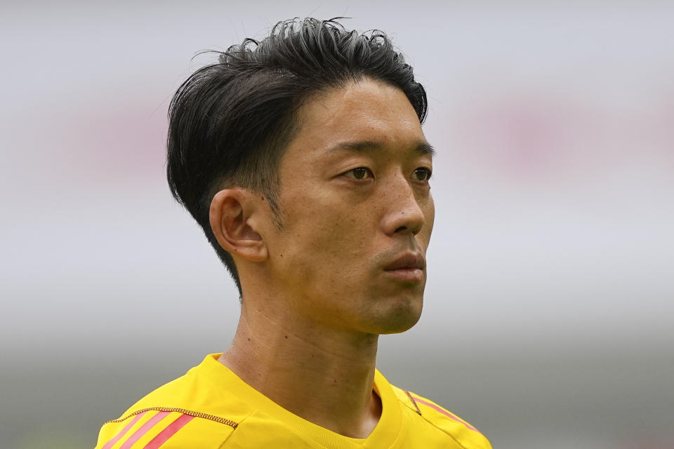 Japan's goalkeeper Shuichi Gonda is pictured prior the international friendly soccer match between USA and Japan in Duesseldorf, Germany, Friday, Sept. 23, 2022. (AP Photo/Martin Meissner)