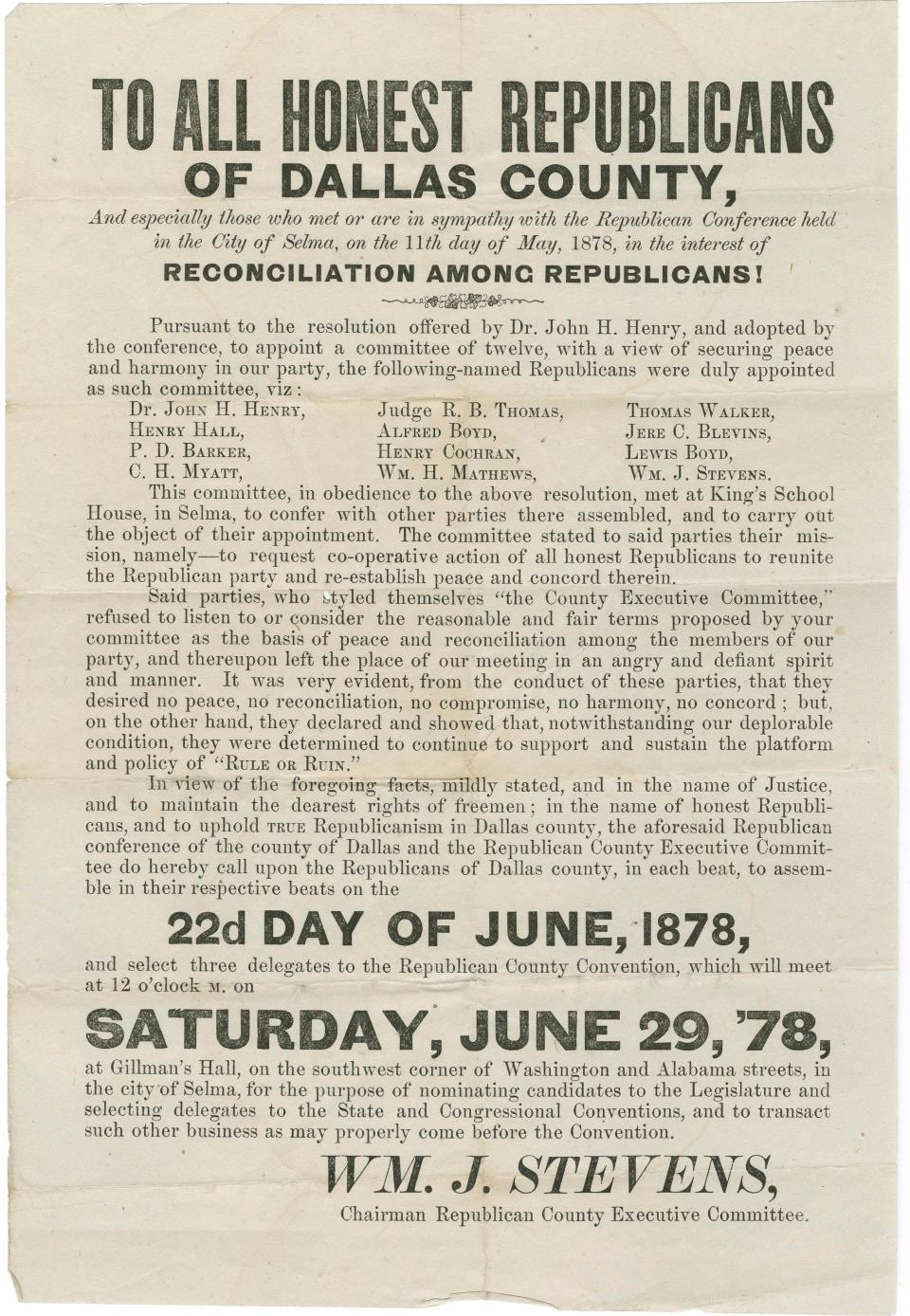 An announcement from the Republican Party of Dallas County in May 1878 announcing peace and harmony within the party.