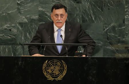 Libyan President Faiez Mustafa Serraj addresses the 72nd United Nations General Assembly at U.N. headquarters in New York, U.S., September 20, 2017. REUTERS/Lucas Jackson