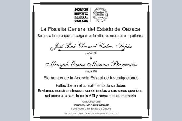 Esquela de la Fiscalía de Oaxaca por el asesinato de dos policías en emboscada