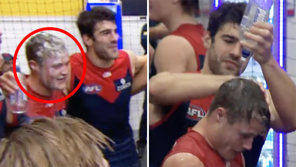 Melbourne Demons star Christian Petracca says a teammate having milk thrown over him in a post-match celebration last weekend was a 'bit too far'. Pictures: Fox Sports