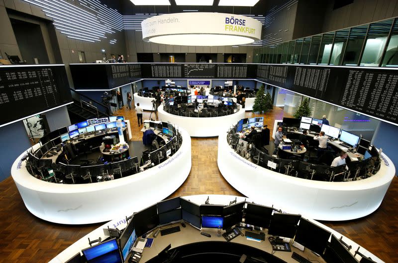 Traders work at Frankfurt's stock exchange in Frankfurt