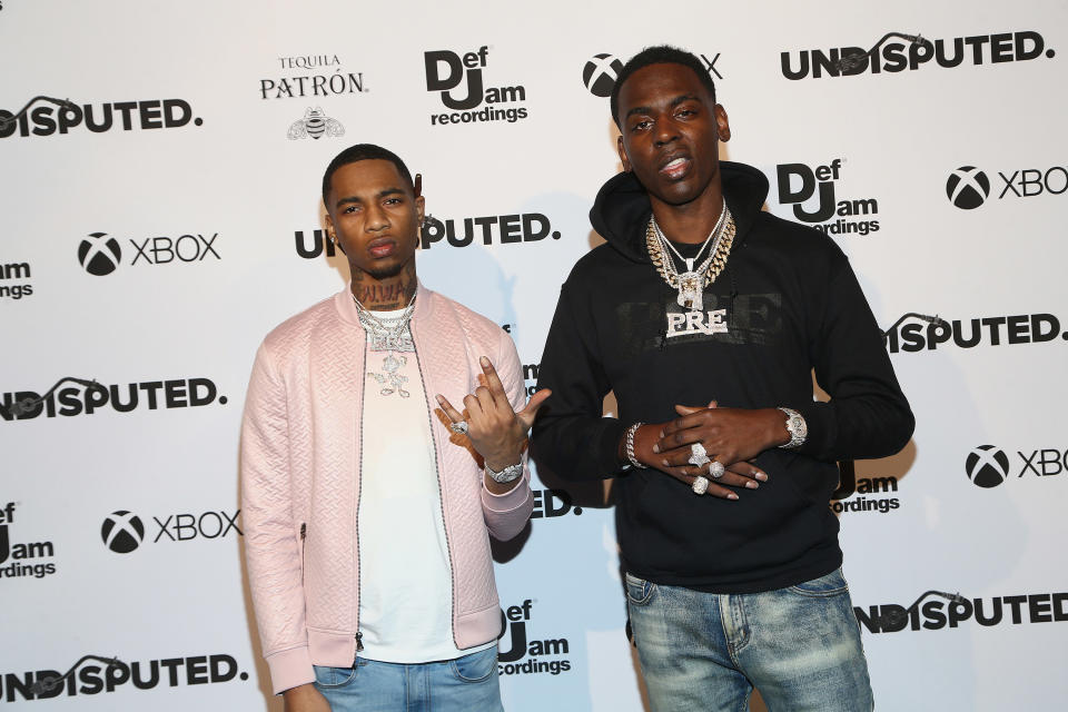 Rapper Young Dolph and Key Glock attend the Def Jam Celebrates NBA All Star Weekend at Milk Studios in Hollywood With Performances by 2 Chainz, Fabolous & Jadakiss, Presented by Patron Tequila at Milk Studios on February 16, 2018 in Hollywood, California.