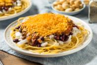 <p>There are hundreds of chili parlors in Cincinnati and there are specific ways of ordering your in this town. A two-way is a bed of spaghetti topped with <a href="https://www.thedailymeal.com/best-recipes/copycat-cincinnati-chili?referrer=yahoo&category=beauty_food&include_utm=1&utm_medium=referral&utm_source=yahoo&utm_campaign=feed" rel="nofollow noopener" target="_blank" data-ylk="slk:beefy, umami-rich chili made with a bevy of spices including cinnamon, allspice and cumin;elm:context_link;itc:0;sec:content-canvas" class="link ">beefy, umami-rich chili made with a bevy of spices including cinnamon, allspice and cumin</a>. Three-way adds thinly-shredded cheddar along with the spaghetti and chili and is the most famous way to eat this dish; four-way adds onions or beans; five-way adds both beans and onions. It’s common for this <a href="https://www.thedailymeal.com/cook/15-absolute-best-chili-recipes-national-chili-month-0?referrer=yahoo&category=beauty_food&include_utm=1&utm_medium=referral&utm_source=yahoo&utm_campaign=feed" rel="nofollow noopener" target="_blank" data-ylk="slk:chili style;elm:context_link;itc:0;sec:content-canvas" class="link ">chili style</a> to be used as a topping on <a href="https://www.thedailymeal.com/recipes/coney-chili-hot-dogs-recipe?referrer=yahoo&category=beauty_food&include_utm=1&utm_medium=referral&utm_source=yahoo&utm_campaign=feed" rel="nofollow noopener" target="_blank" data-ylk="slk:coney dogs;elm:context_link;itc:0;sec:content-canvas" class="link ">coney dogs</a>.</p>