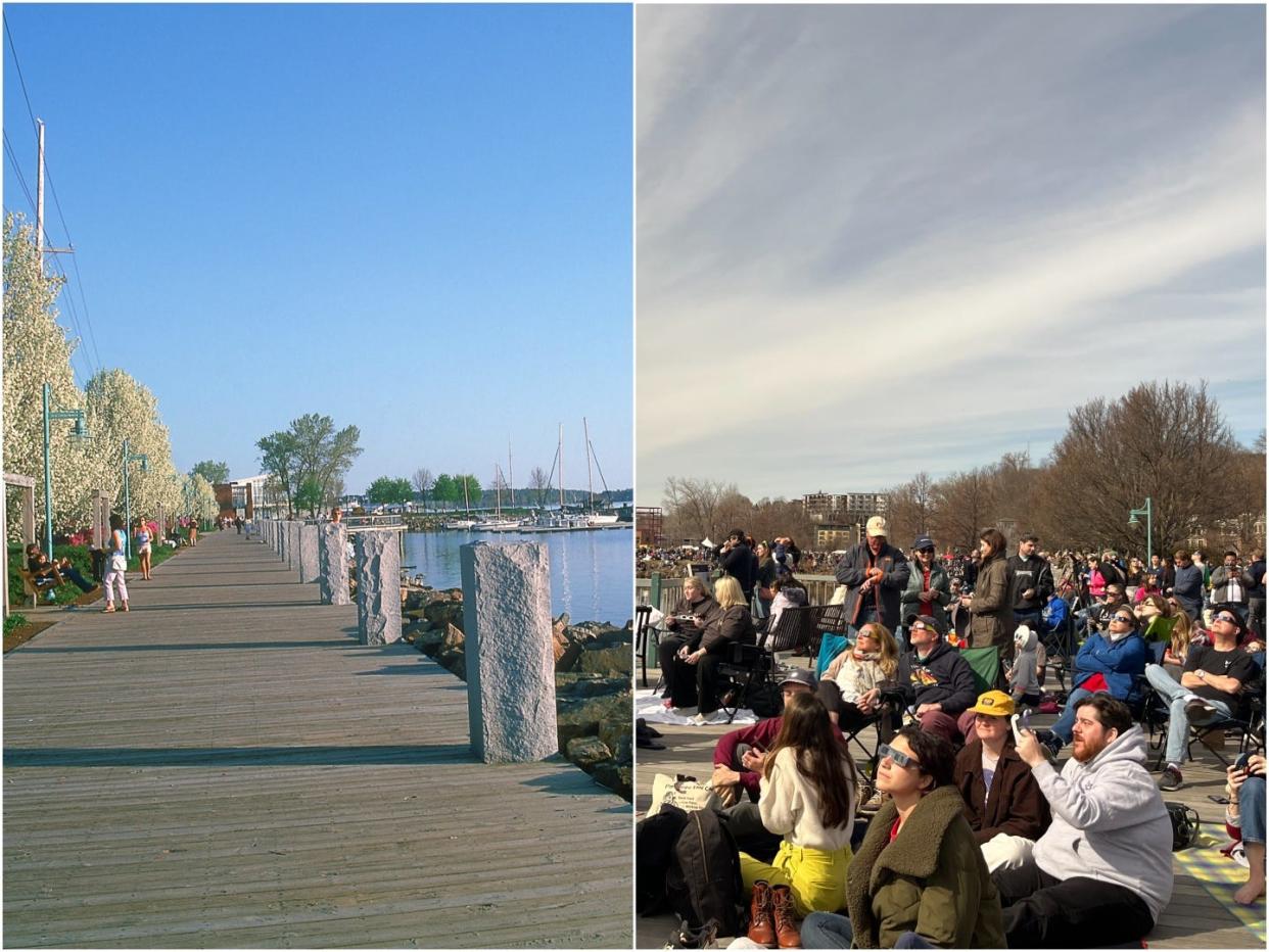 On the left, Burlington's Waterfront Park mostly empty. On the right, the same park is packed with people for the April 8 eclipse.