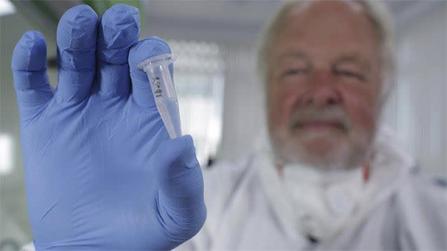 Oxford University genetics professor Bryan Sykes posing with a prepared DNA sample taken from hair from a Himalayan animal. DNA testing is taking a bite out of the Bigfoot legend. Source: AP Images / Channel 4