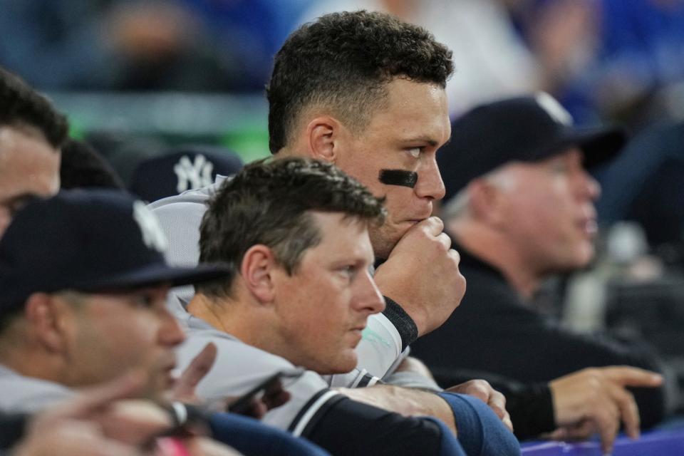 New York Yankees' Aaron Judges watches during the ninth inning against the Toronto Blue Jays on Thursday, Sept. 28, 2023, in Toronto. (Chris Young/The Canadian Press via AP)