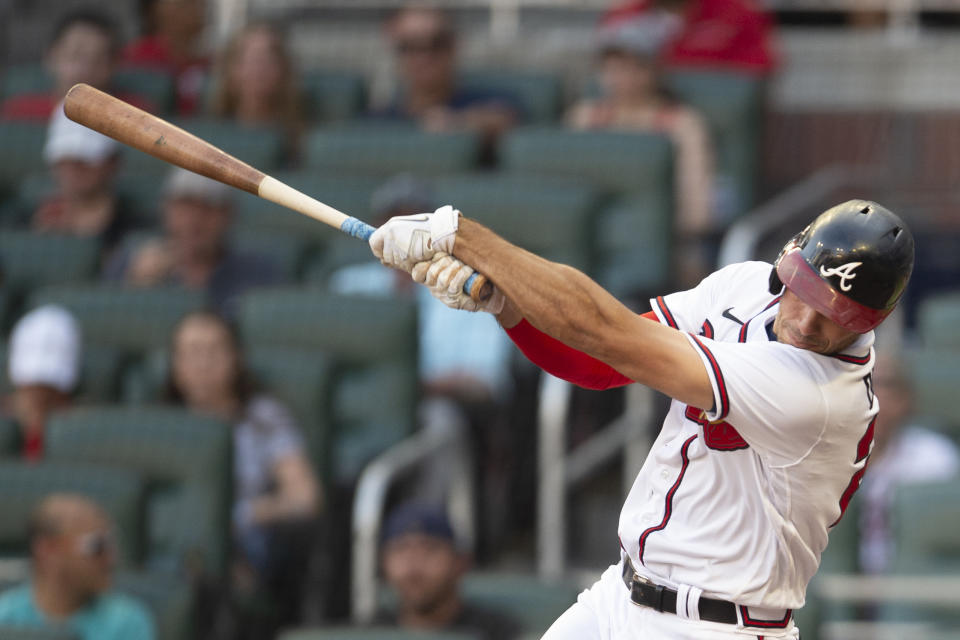 Atlanta Braves Matt Olson swings in the first inning of a baseball game against the San Francisco Giants Wednesday, June 22, 2022, in Atlanta. (AP Photo/Hakim Wright Sr.)