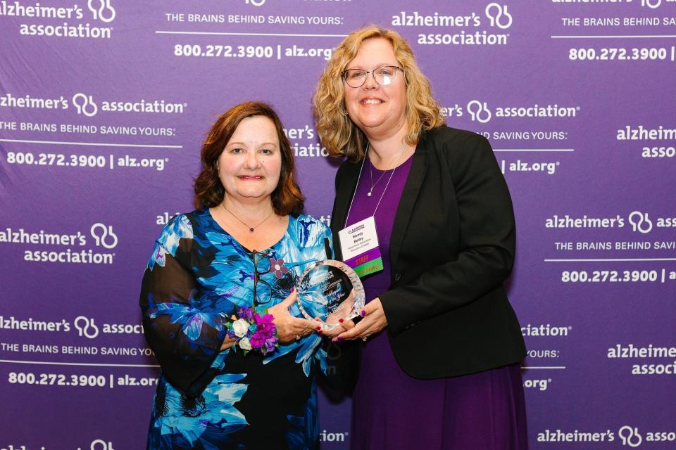 Lisa Hurley, left, caregiver and dementia care specialist at the Aging & Disability Resource Center of Sheboygan County, was awarded 2023 Alzheimer’s Association Care and Support Volunteer of the Year Award at the 37th annual Wisconsin State Conference May 21-22. Presenting the award is Wendy Betley.