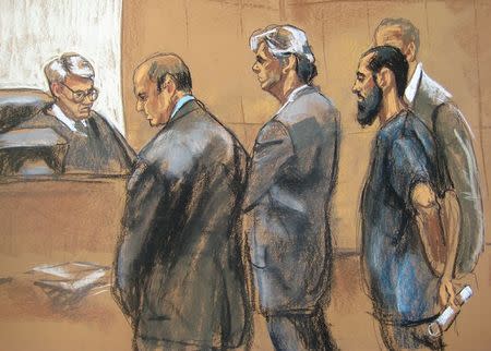 A courtroom sketch shows Saddiq al-Abbadi (R) as he pleads guilty during a hearing in Brooklyn federal court in New York May 26, 2015. REUTERS/Jane Rosenberg