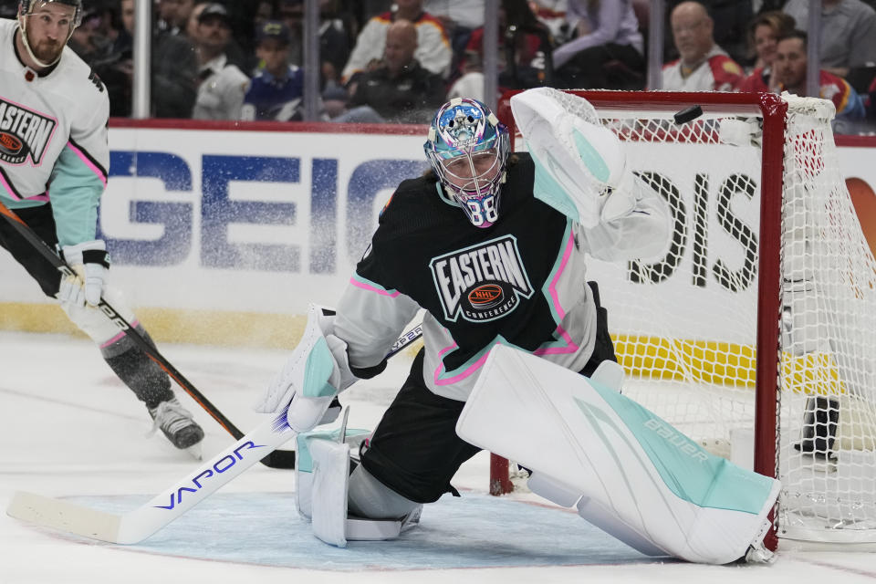 Atlantic Division goaltender Andrei Vasilevskiy, of the Tampa Bay Lightning (88) blocks a shot during the NHL All Star hockey game, Saturday, Feb. 4, 2023, in Sunrise, Fla. (AP Photo/Lynne Sladky)