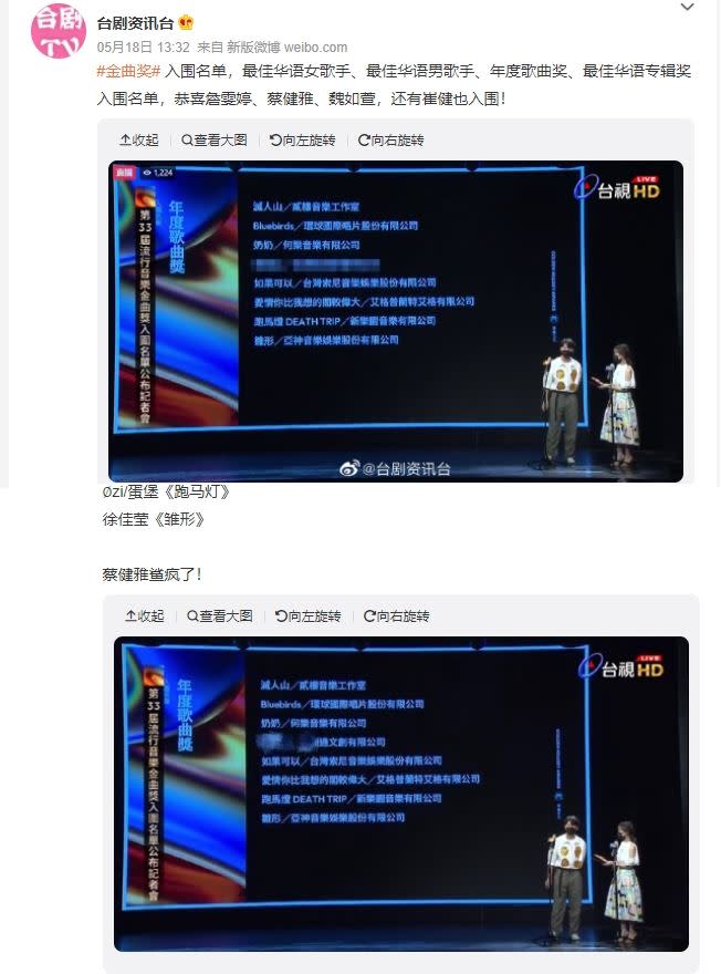 中國網友轉貼金曲入圍名單，把「玻璃心」3個字馬賽克。（圖／翻攝自 微博）