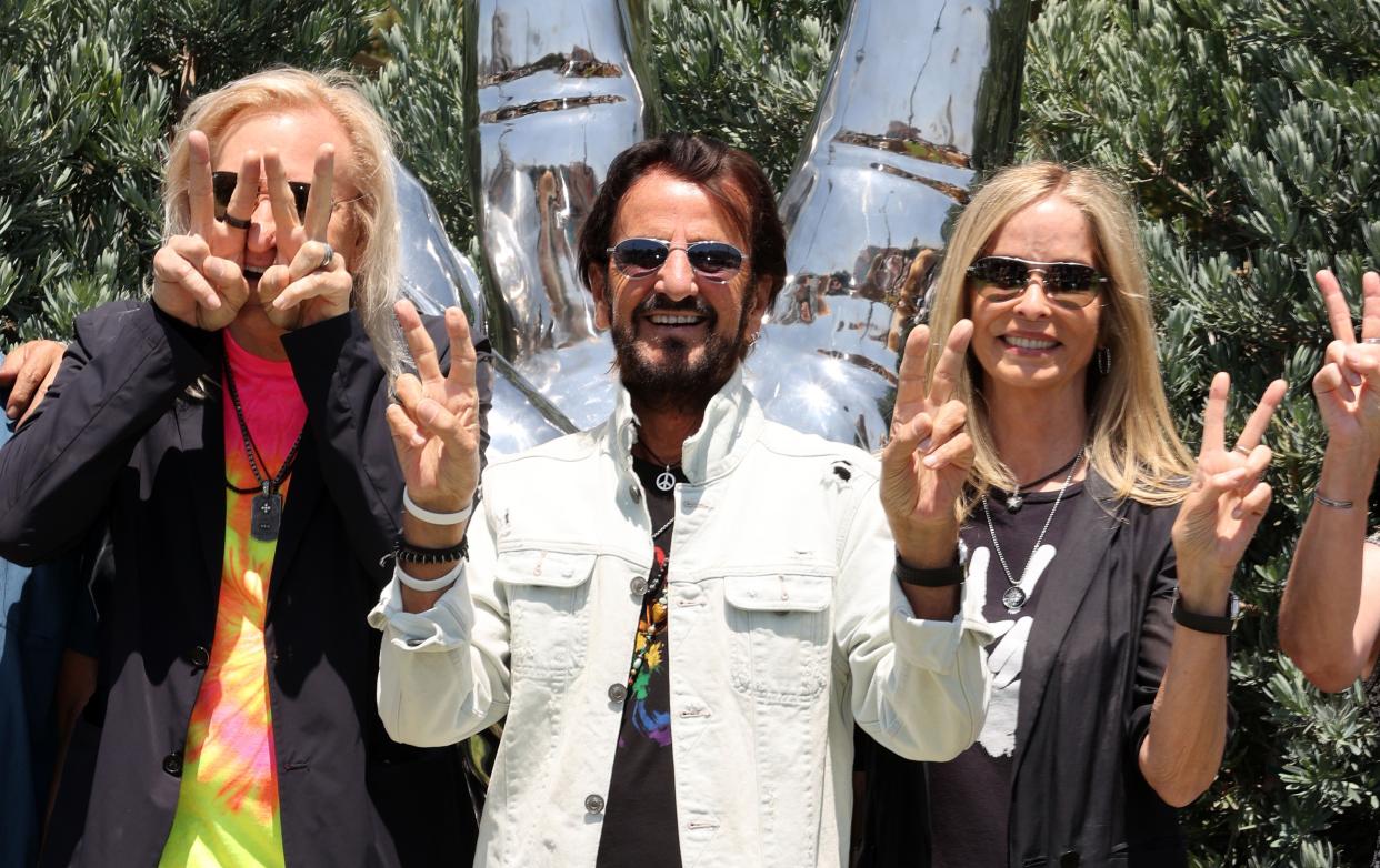 (L-R) Joe Walsh, Ringo Starr, and Barbara Bach attend Ringo Starr's Peace & Love Birthday on July 07, 2021 in Beverly Hills, California. (Photo by Kevin Winter/Getty Images)