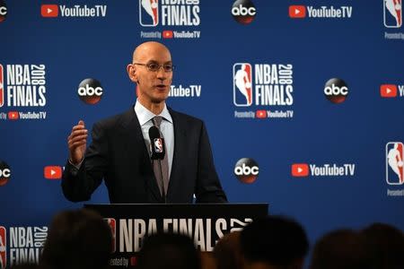 May 31, 2018; Oakland, CA, USA; NBA commissioner Adam Silver speaks during a press conference before the game between the Golden State Warriors and the Cleveland Cavaliers in game one of the 2018 NBA Finals at Oracle Arena. Mandatory Credit: Kyle Terada-USA TODAY Sports