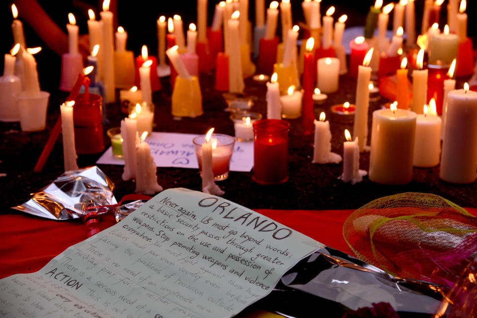 A general view of a candlelight vigil, for victims of the Orlando, Florida nightclub shooting, outside of the United States Consulate on June 13, 2016 in Milan, Italy.&nbsp;