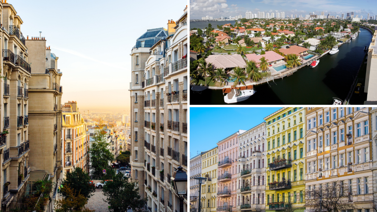 The global luxury property markets where the super-rich will be buying property have been named. Left: Paris; Right: Miami, Berlin. (Source: Getty)