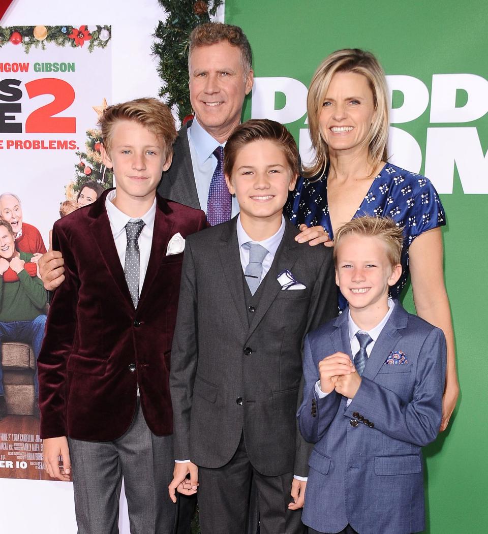 westwood, ca november 05 actor will ferrell, wife viveca paulin and children magnus paulin ferrell, mattias paulin ferrell and axel paulin ferrell attend the premiere of daddys home 2 at regency village theatre on november 5, 2017 in westwood, california photo by jason laverisfilmmagic