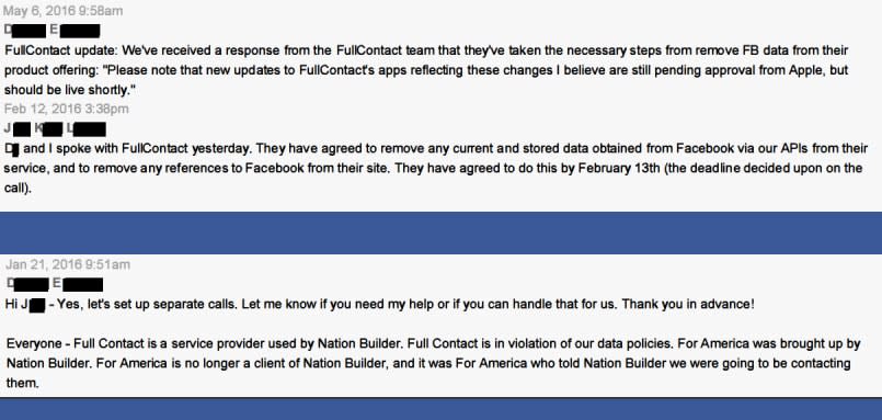 Excerpts from internal Facebook documents discussing the investigation into FullContact - Facebook/Telegraph
