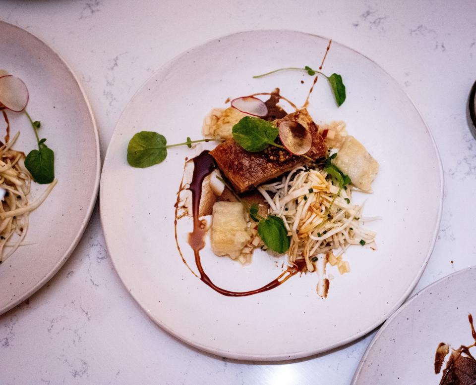 A beautifully composed dish of pork belly from Black Goat in Warren, Maine.